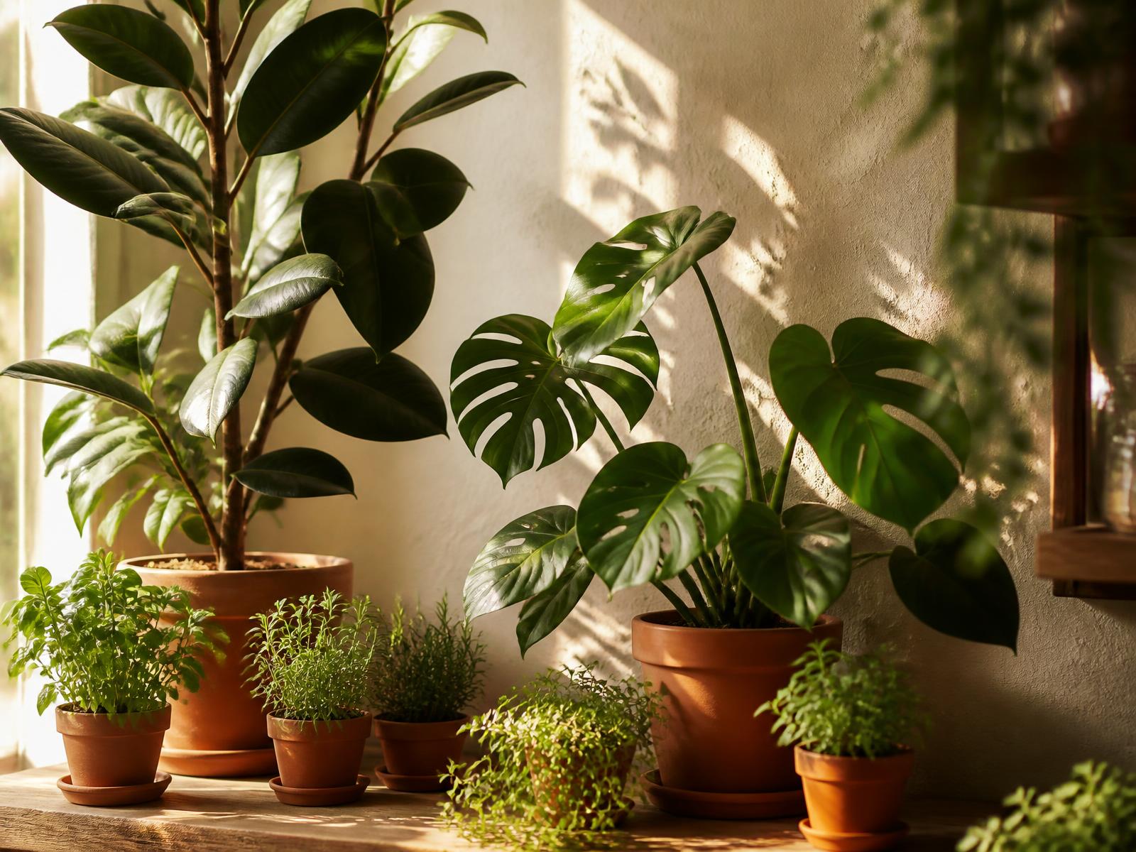 Potted houseplants on a sunlit windowsill